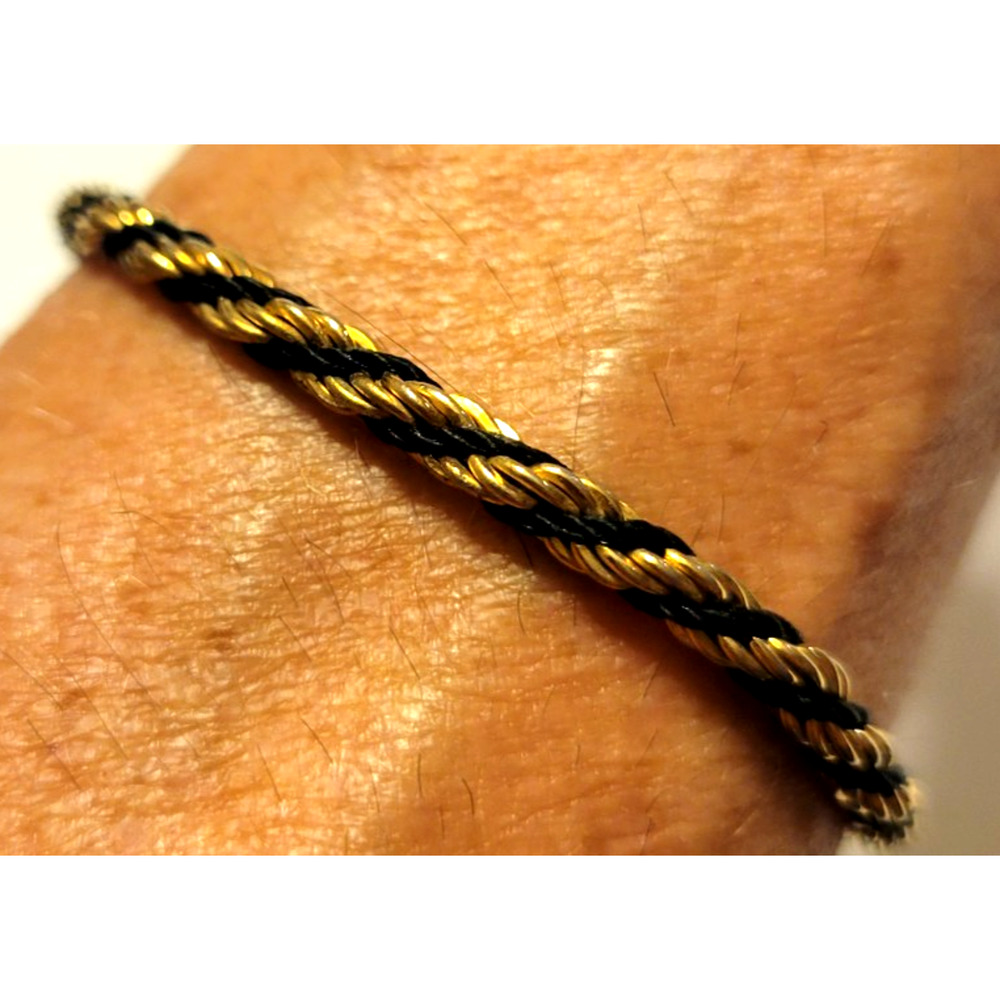 Vintage Braided Twisted Cord Rope Bracelet 80s 90s Korea‎ Black Gold Tone